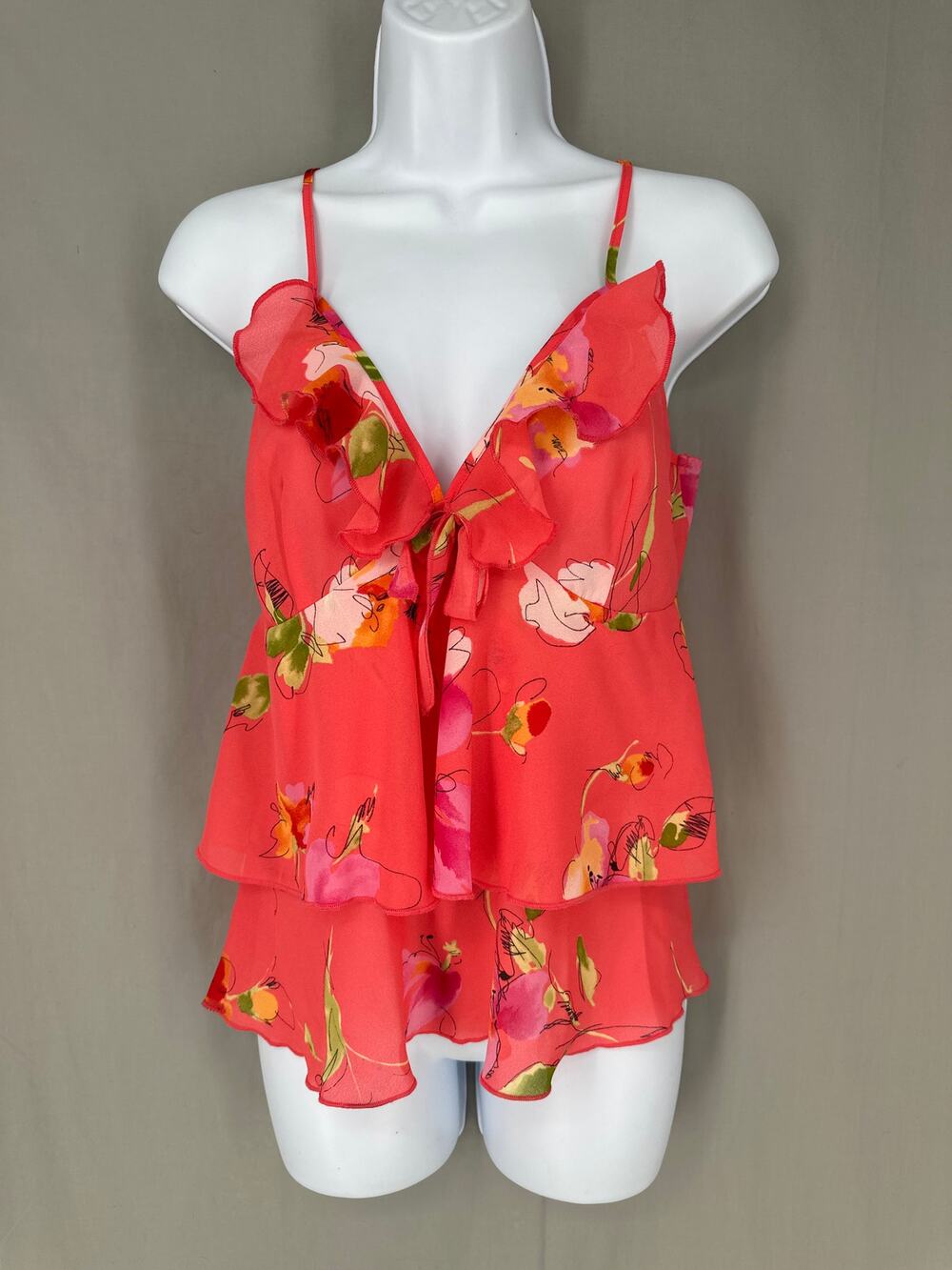 Y2K Vintage Top Womens Small Coral Pink Floral Cami Ruffle Flowy Boho Cottage